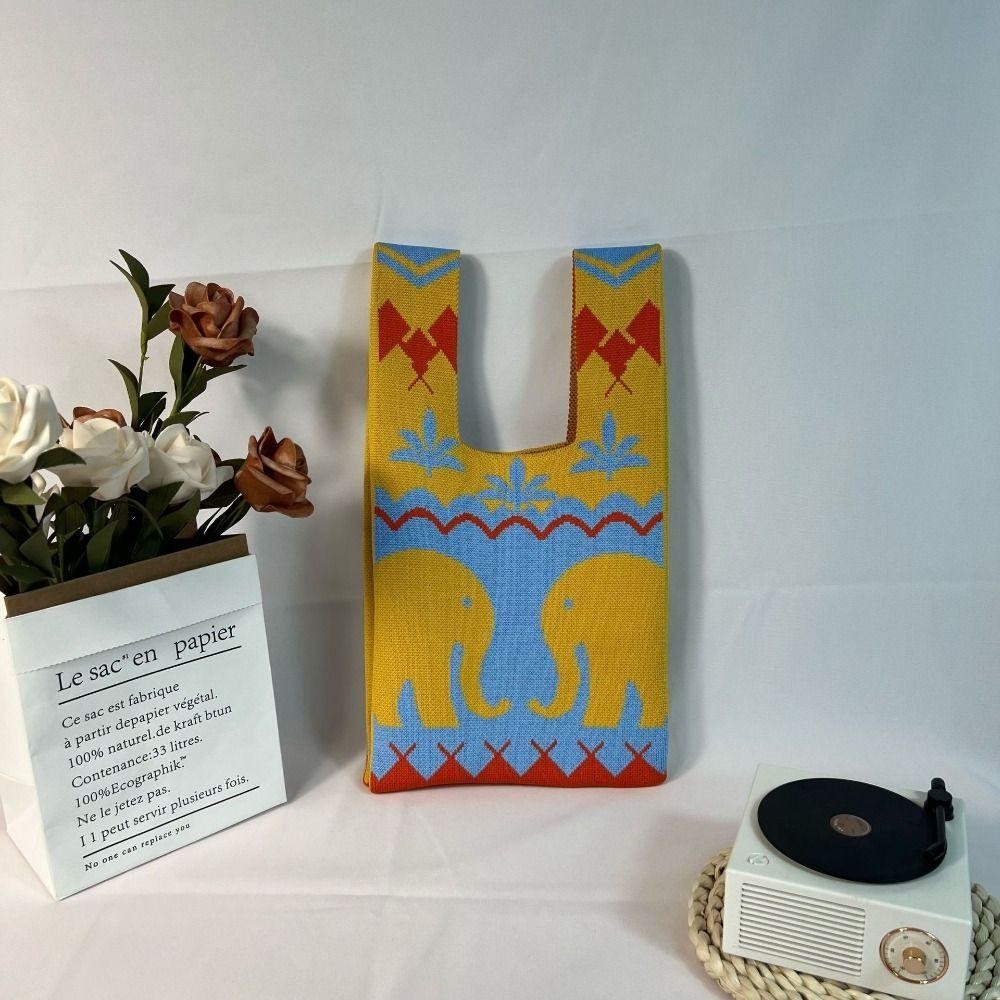 HOBBYIN กระเป๋าช้อปปิ้ง ผ้าถัก ทรงโท้ท แฮนด์เมด ขนาดใหญ่ ลายการ์ตูนช้าง สไตล์ชนเผ่า สําหรับผู้หญิง - รูปที่ 3