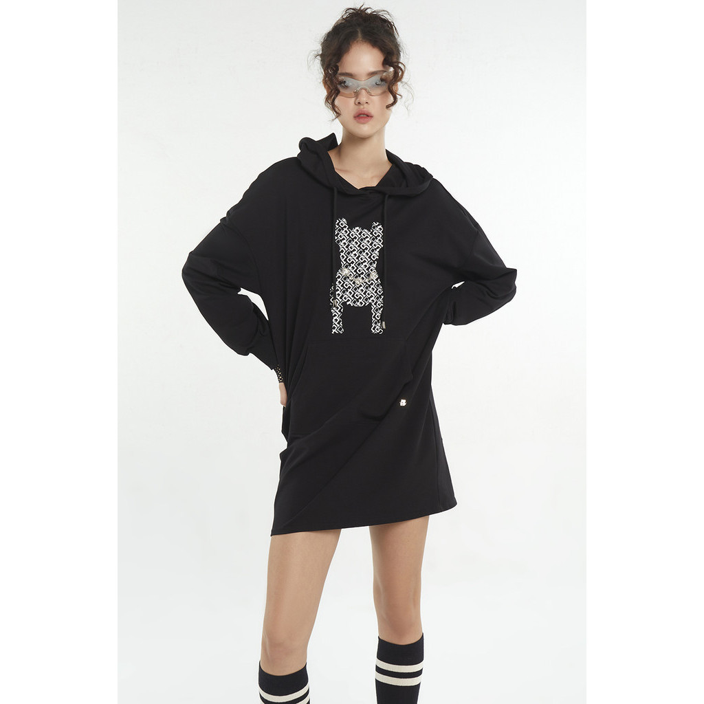 ESP เสื้อฮู้ดดี้ผ้าสเวตลายเฟรนช์ชี่ ผู้หญิง สีดำ | Hoodie Frenchie Sweatshirt | 06091