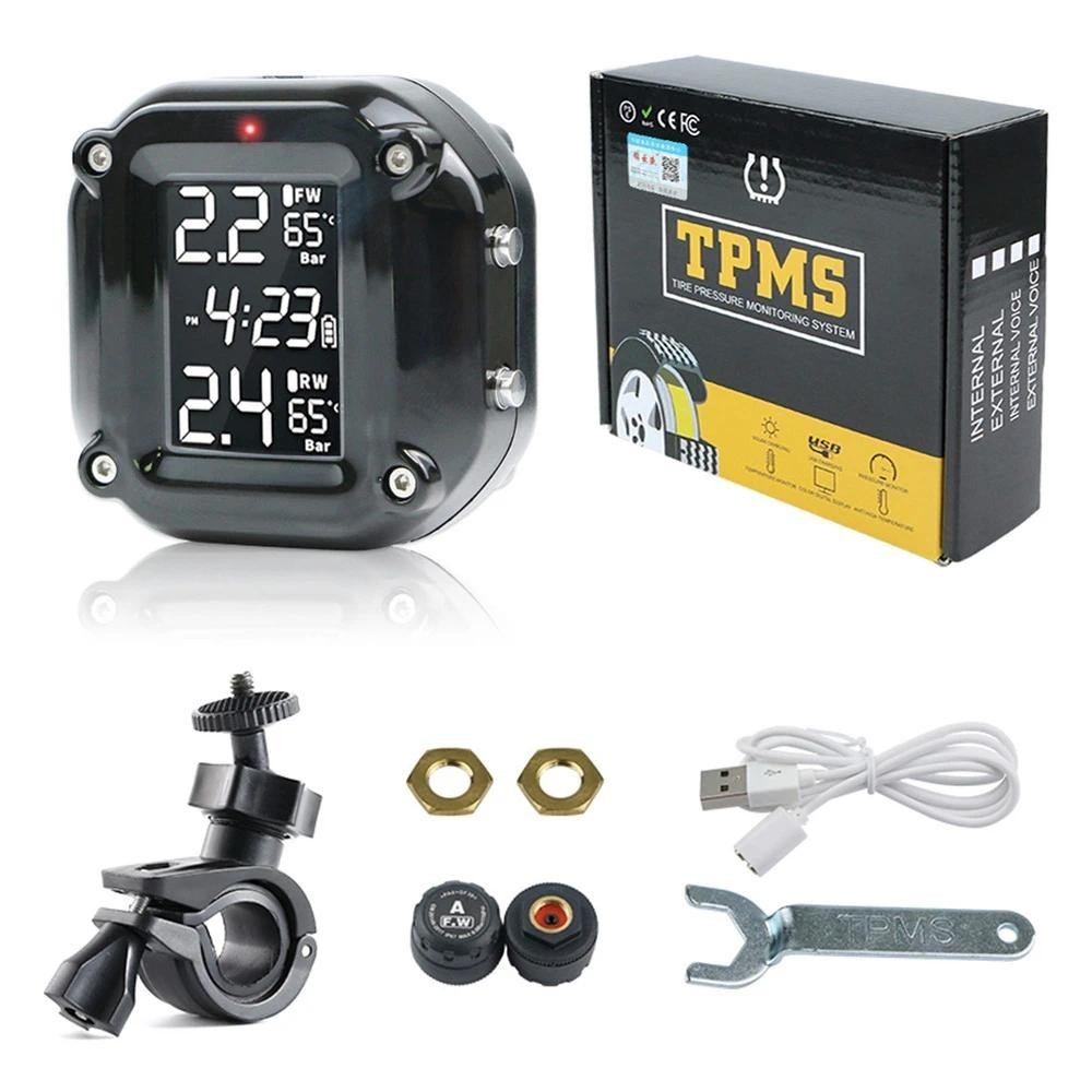 ระบบตรวจสอบความดันลมยางรถจักรยานยนต์ TPMS พร้อมเซนเซอร์ภายนอก 2 ตัว จอแสดงผล LCD กันน้ํา แจ้งเตือนอุณหภูมิ ชาร์จ USB