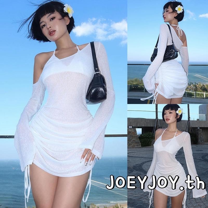 Joeyjoy-ชุดเดรสสั้นแขนกุดผ้าโปร่งเปิดไหล่สำหรับผู้หญิงพร้อมเชือกผูกสำหรับชายหาด