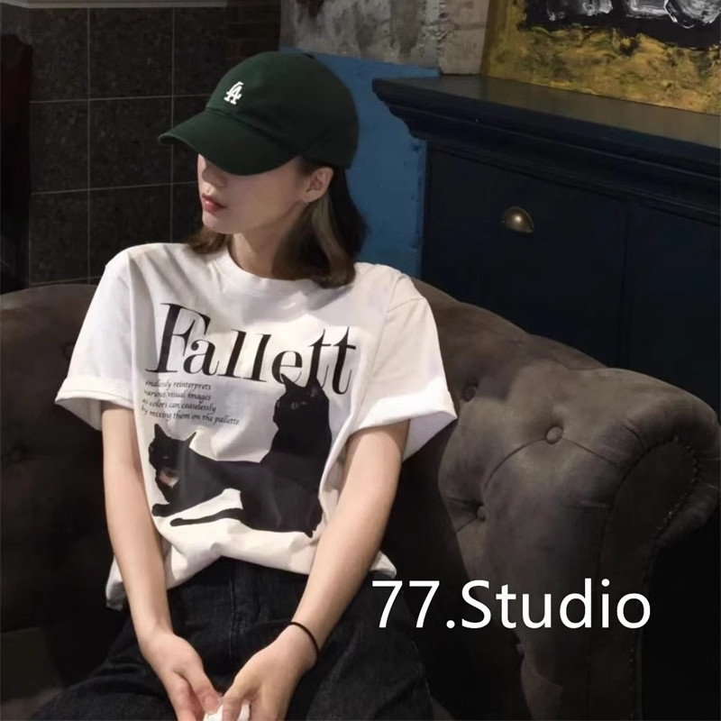 （พร้อมส่งจากกทม มาถึงใน 2วัน）เสื้อยืดยอดฮิตสไตล์ญี่ปุ่นและเกาหลี เสื้อยืดแขนสั้นลูกแมวพิมพ์