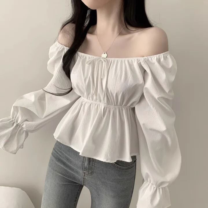 สไตล์เกาหลีคอเหลี่ยมหวานผูกเชือกเอวระบายแขนบานใส่แล้วดูผอมสไตล์เสื้อเชิ้ต