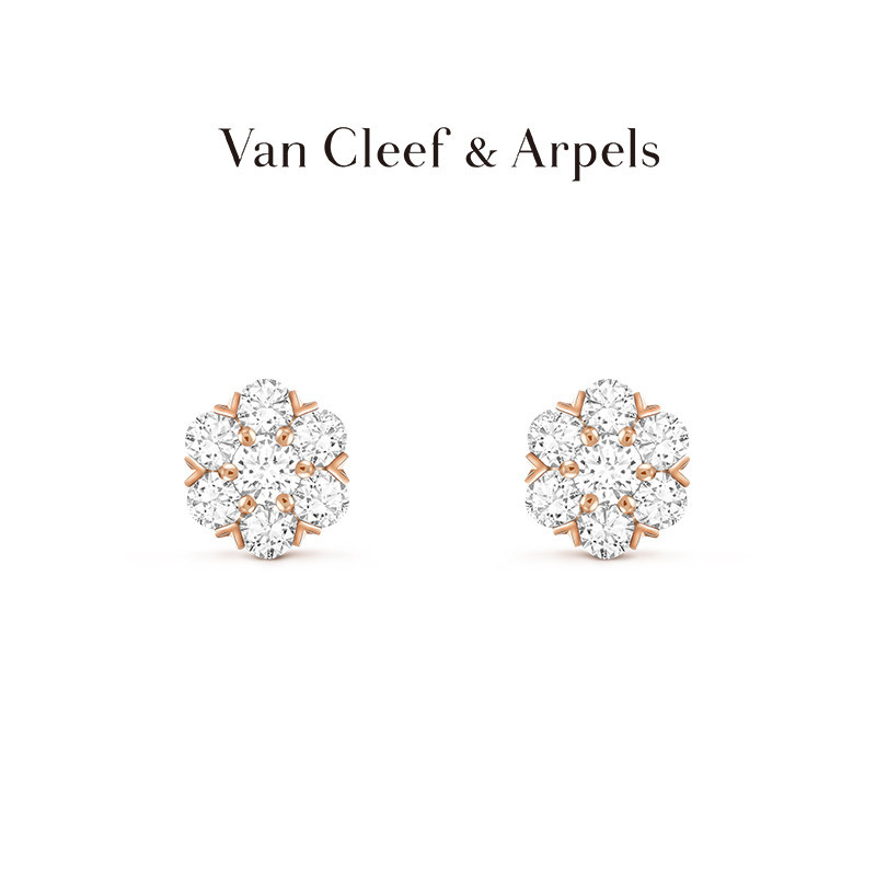[พร้อมส่ง] Van Cleef &amp; Arpels Vca Fleurette Series ต่างหูเพชร สีโรสโกลด์ 18K