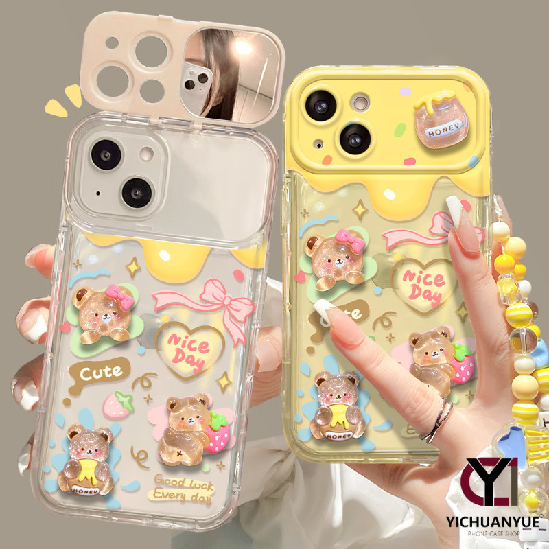 สำหรับ iPhone 11 15 14 13 12 Pro MAX 7 8 14 Plus XS MAX น้ำผึ้งหมีน้อยลายการ์ตูนพลิกกระจกโทรศัพท์กรณี กันกระแทกและน่ารัก