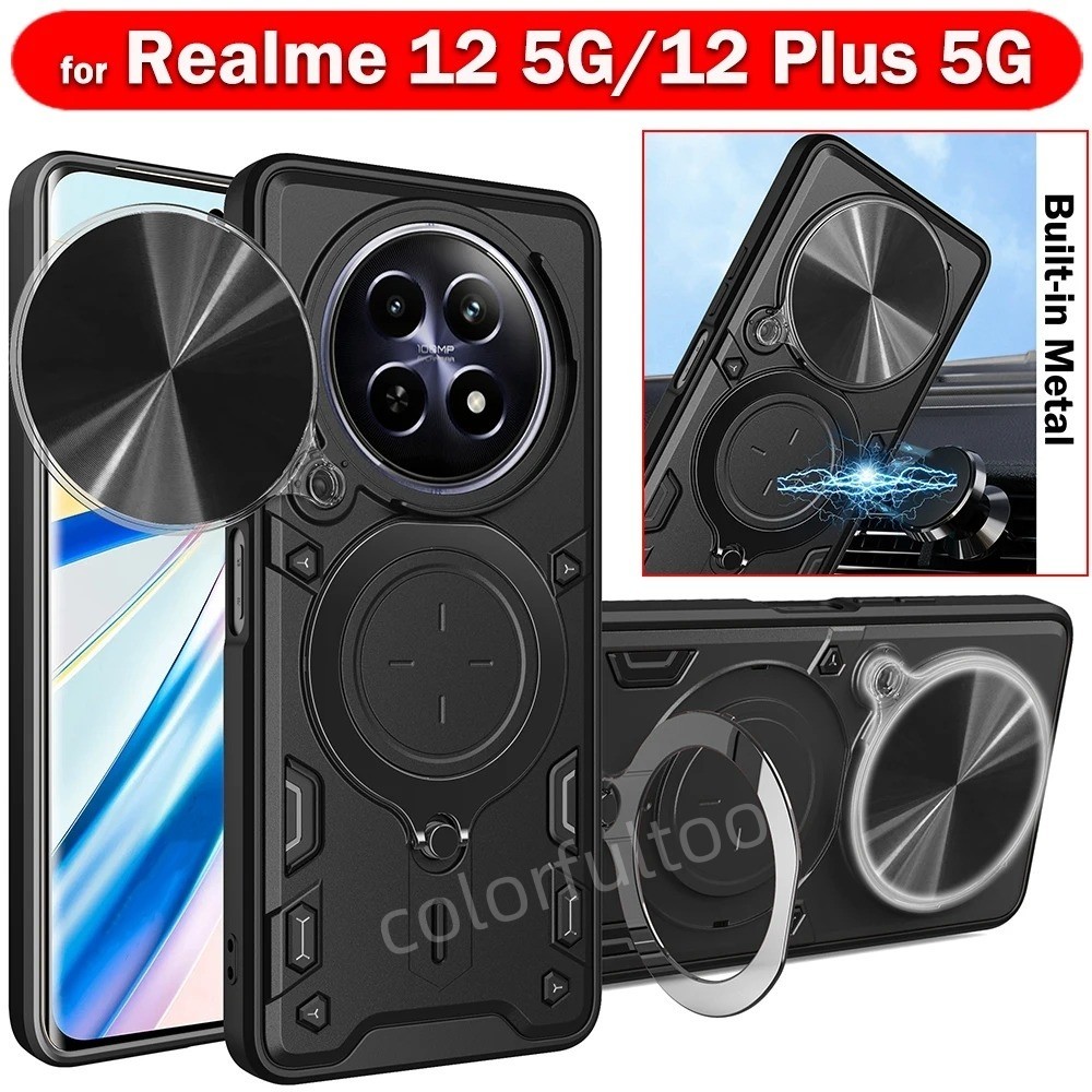 Realme 14X สไลด์ Push ดึงเลนส์กล้องป้องกันเคสโทรศัพท์สําหรับRealme 13 12 Pro Plus 12Pro + 13 + 12 + Realme13Pro 5Gผู้ถือแหวนแม่เหล็กวงเล็บเกราะกันกระแทกปลอกปกหลัง