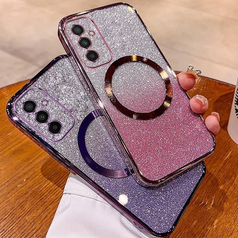 ปลอกสําหรับ Samsung Galaxy A16 A55 A35 A15 A25 S24 FE 4G 5G เคสโทรศัพท์ชุบแวววาวพร้อมแม่เหล็กดูดและเลนส์ป้องกันการตกสําหรับครอบคลุมเต็มรูปแบบปกอ่อน