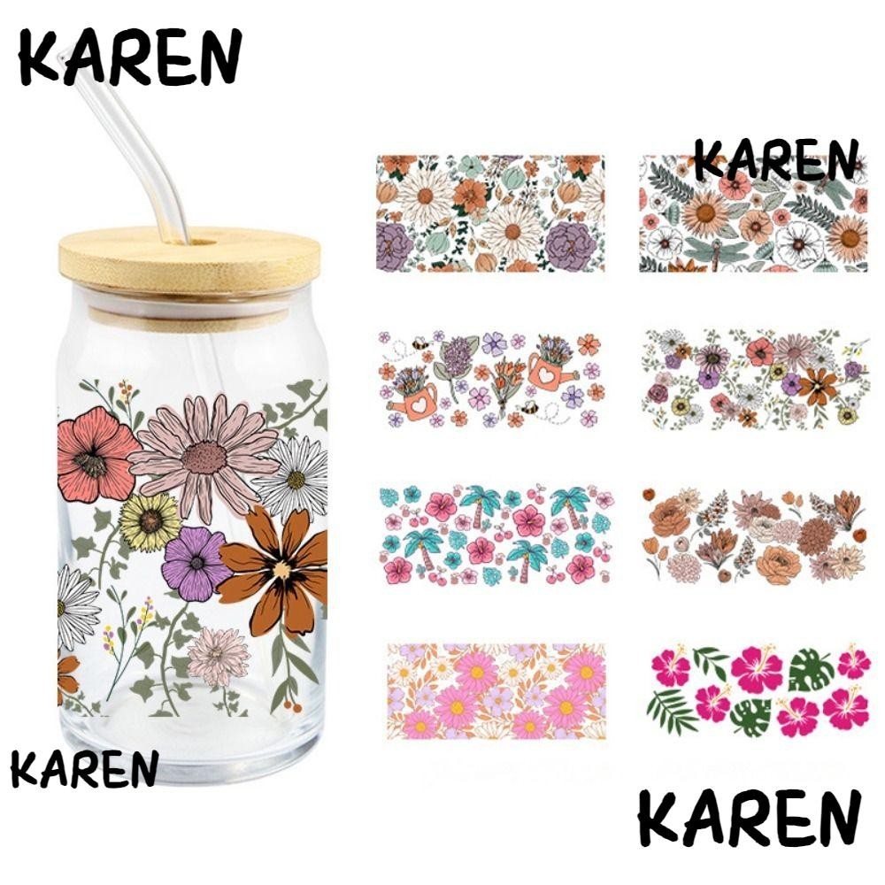 Karen UV DTF สติกเกอร์ลอกลาย ลายดอกไม้ กันน้ํา ทนอุณหภูมิสูง 16 ออนซ์ สําหรับติดตกแต่งแก้ว DIY