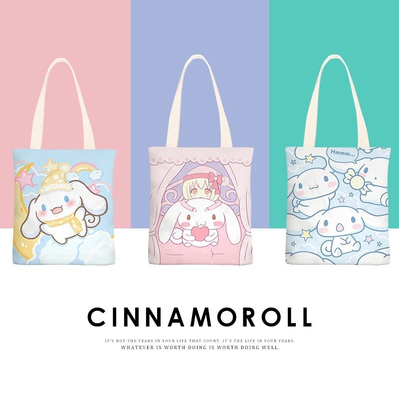 Sanrio Hellokitty กระเป ๋ าผ ้ าใบ Kuromi Cinnamoroll My Melody กระเป ๋ าสะพายไหล ่ ผู ้ หญิง Casual ความจุขนาดใหญ ่ ช ้ อปปิ ้ งสาวของขวัญ