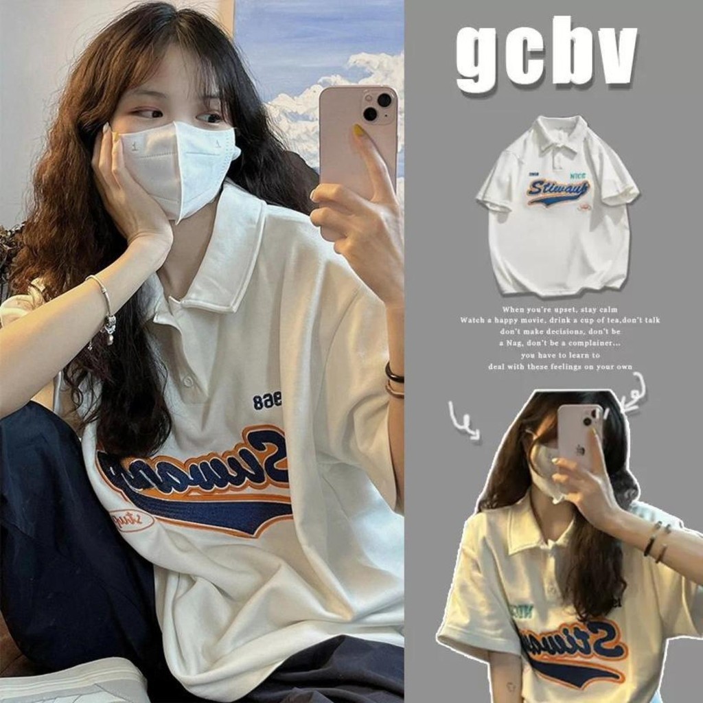 Solovely สไตล์เกาหลี โอเวอร์ไซซ์ เสื้อโปโล งานปัก แขนสั้น เสื้อด้านบน หลวม ขนาดใหญ่ เสื้อยืด