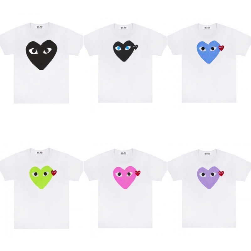ย้อนยุคเสื้อยืดผ้าฝ้าย 100%เสื้อยืดแขนสั้นสีขาวหัวใจสี Play COMME des GARCONSS-3XLS-5XL