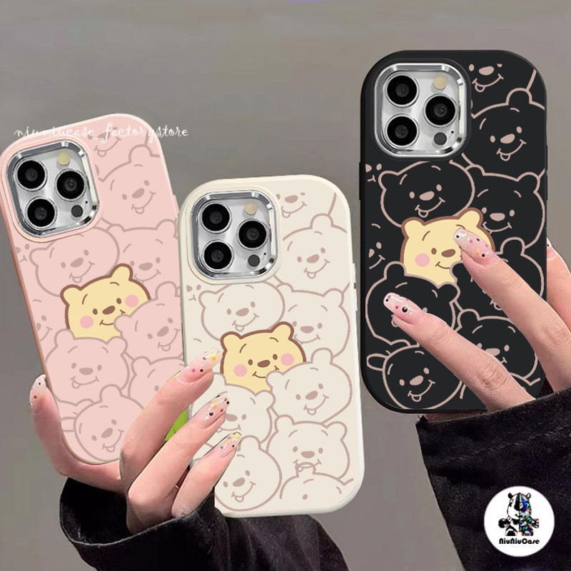 สำหรับ iPhone 13 12 14 11 15 Pro Max XR X Plus XS SE 7 ลายหมีพูห์ลายการ์ตูนกรอบรูปโลหะกรณีโทรศัพท์กันกระแทกและเคสไอโฟน