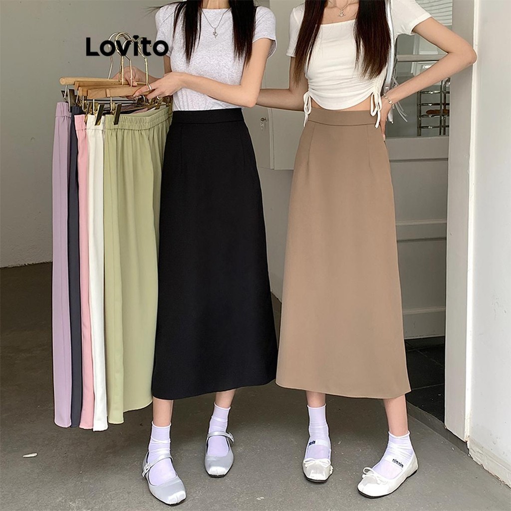 Lovito กระโปรงผู้หญิง เบสิก สีพื้น สไตล์ลำลอง LNE53471