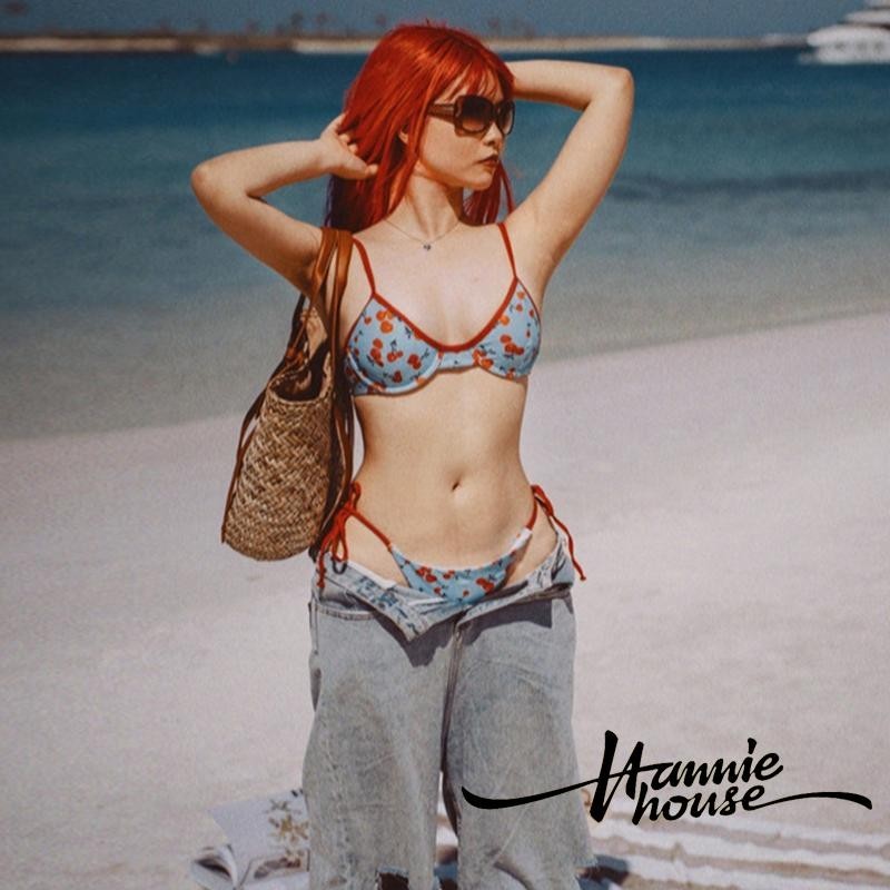 Hannie House- เสื ้ อชั ้ นในเชือกแขวนคอพิมพ ์ ลายเชอร ์ รี ่ ฤดูร ้ อนของผู ้ หญิงพร ้ อมชุดว ่ ายน ้ ํา 2 ชิ ้ นมัดด ้ านข ้ าง