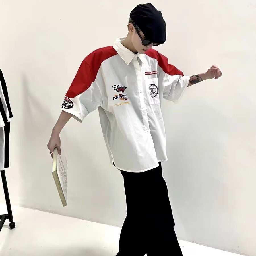 ครึ่งแขนเสื้อผู้ชาย High Street Hip-Hop Racing ชุดฤดูร้อน Street Wear รถจักรยานยนต์ POLO Collar ครึ่งแขนด้านบน