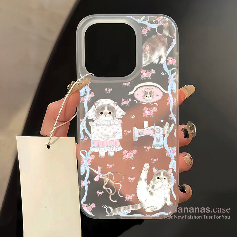 Iphone 15 14 13 12 11 Pro Max X Xr Xs Max 7 8 Plus SE2020 เคสโทรศัพท์น่ารักดอกไม้โบว์แมวMatte Clearฝาครอบโทรศัพท์นุ่ม