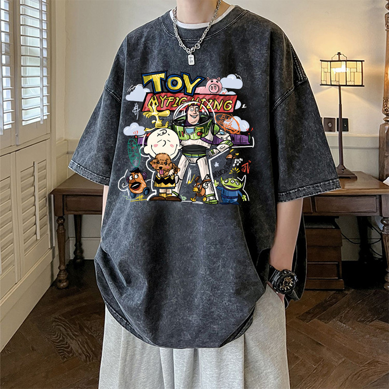 เสื้อยืดการ์ตูน Qkoole เสื้อผ้าฟอก การ์ตูน oversize cotton 100 unisex T1371