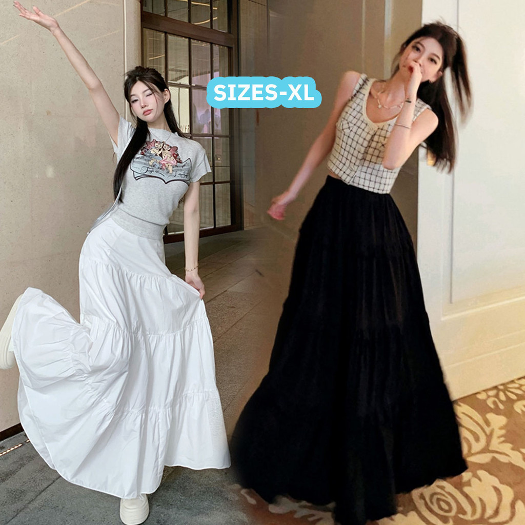 MIMI&DIDI.กระโปรงยาวสีพื้น ผ้าอย่างดี ดีเทลแต่งชายระบาย สไตล์โบฮีเมี่ยน(8826)