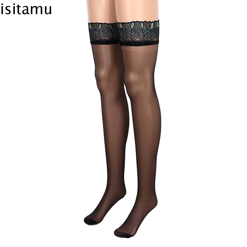 Isitaft ขนนกยูงถุงน่องยืดหยุ่นแฟชั่นเย็บปักถักร้อยลูกไม้ขาชุดชั้นใน Anti Slip ต้นขา Highs