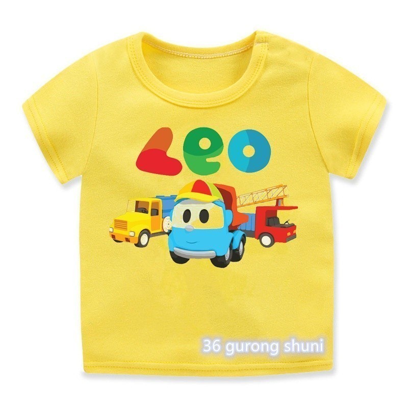 น่ารัก เสื้อยืดผ้าฝ้ายพิมพ์ลาย100-150cm T-Shirt for Boys Cute Cartoon Print Leo The Truck Tshirt Kid