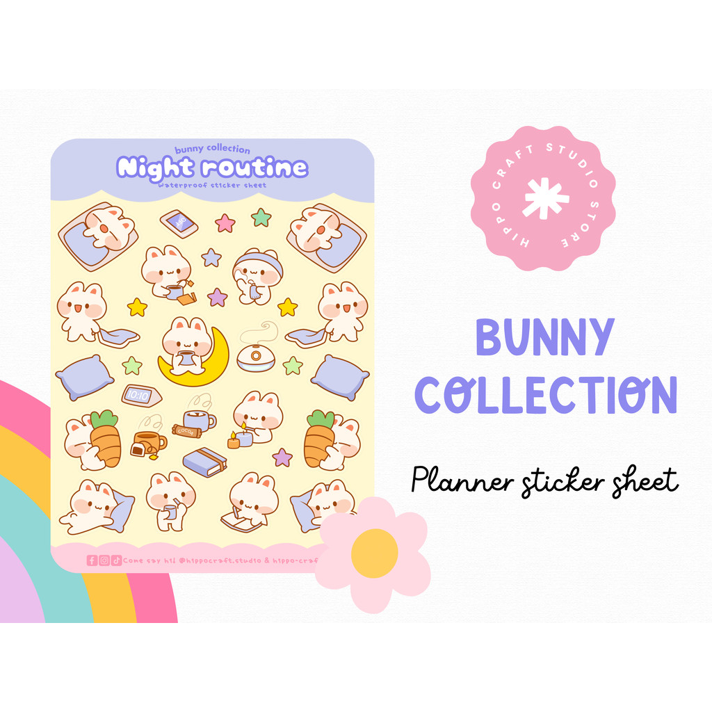 Night routine | Bunny collection กิจวัตรตอนกลางคืน สติ๊กเกอร์การ์ตูน น่ารัก ตกแต่งแพลนเนอร์