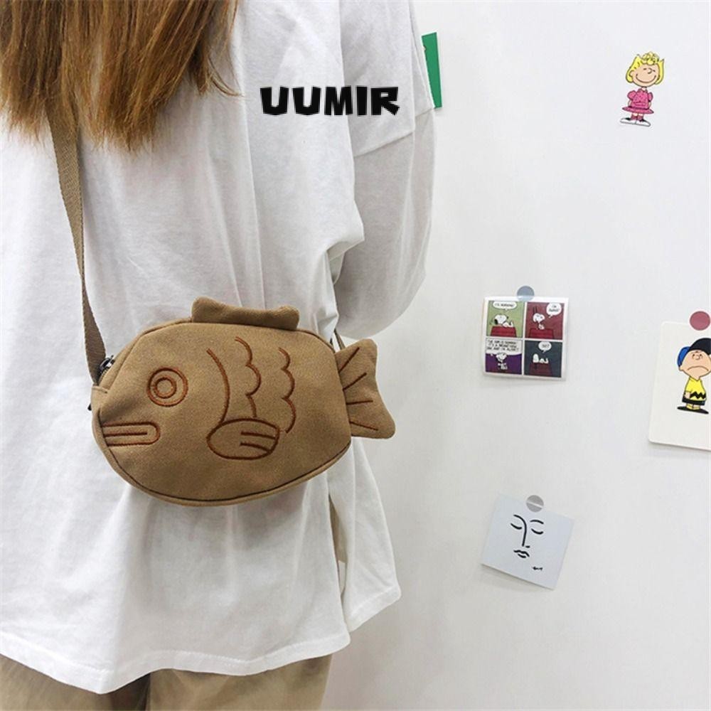 UUMIR กระเป๋าสะพายไหล่ กระเป๋าถือ ผ้าแคนวาส ปักลายการ์ตูนปลาน่ารัก แบบพกพา พร้อมสายคล้องไหล่ สําหรับผู้ชาย และผู้หญิง