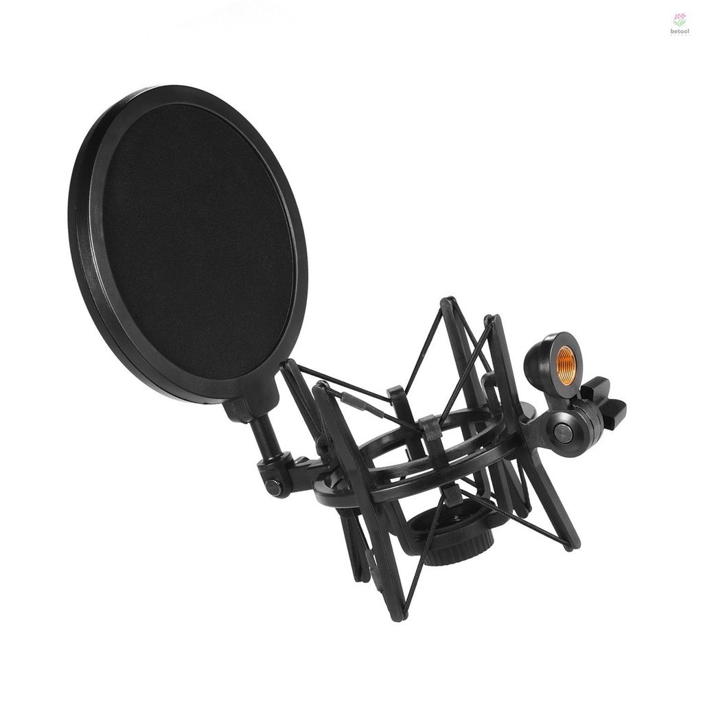 Univerdal พลาสติกคอนเดนเซอร์ไมโครโฟน Mic Shock Mount Holder Bracket Anti-vibration พร้อม Pop Filter สําหรับ On-line Broadcasting Studio Music Recording