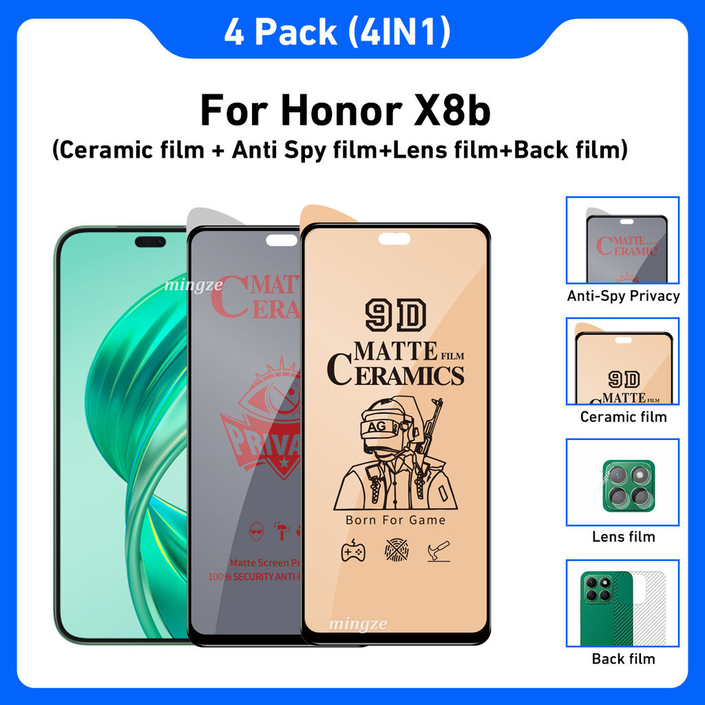 4in1 Honor X8bกระจกนิรภัยAnti-Spyความเป็นส่วนตัวฟิล์มนุ่มป้องกันหน้าจอสําหรับHonor X8bป้องกันกระจก+ฟ