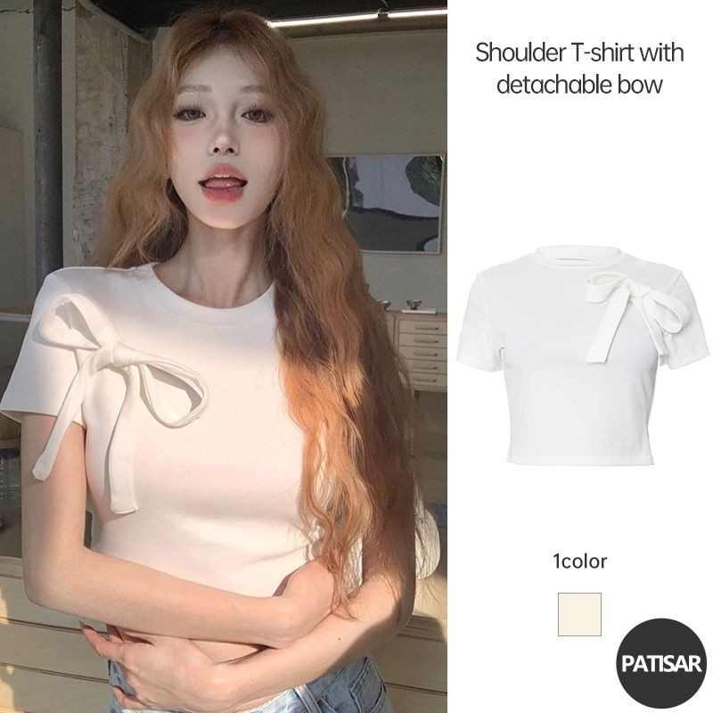 เสื้อแขนสั้นผู้หญิงโบว์สีขาวหวานเผ็ดเสื้อท่อนล่างอเนกประสงค์ PR