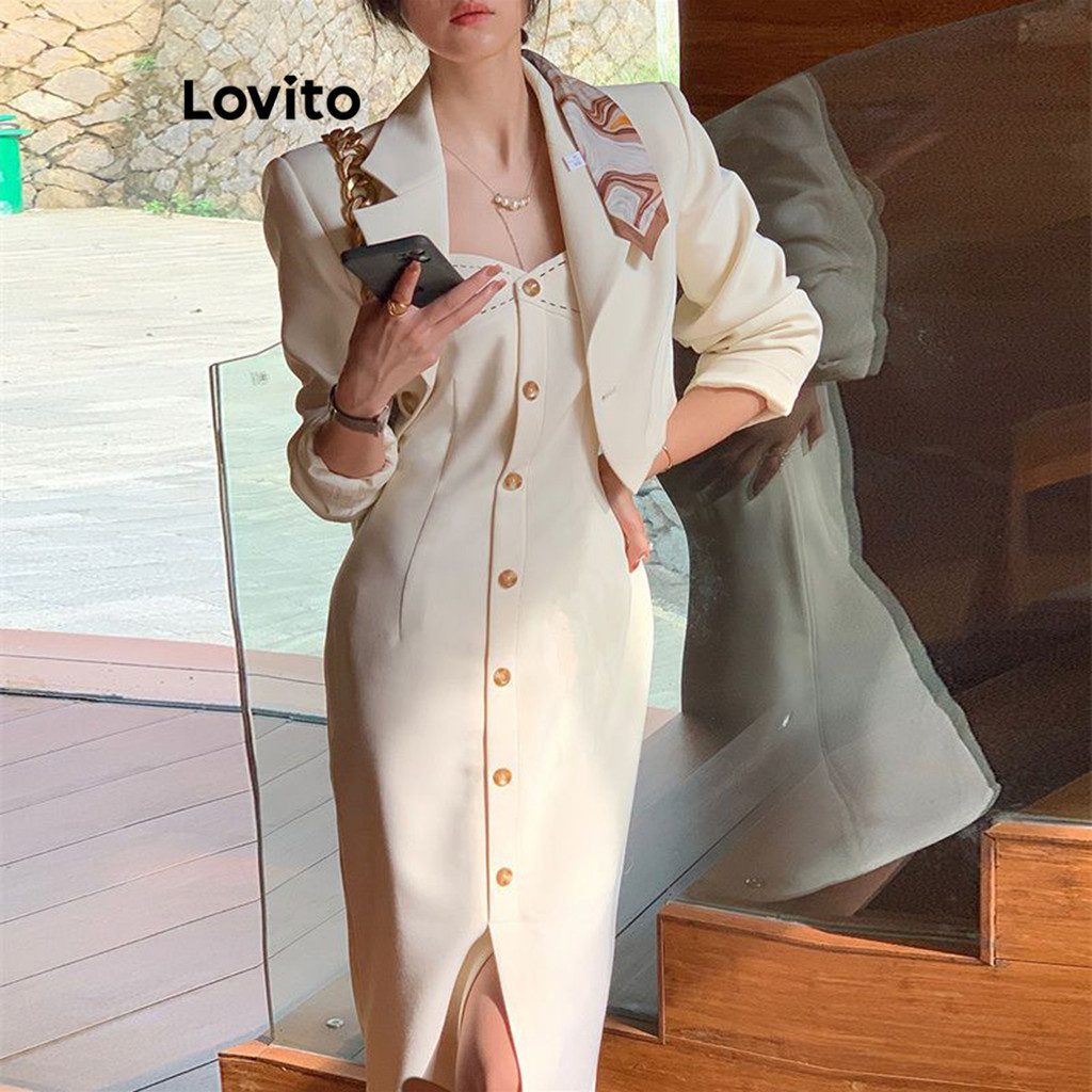 Lovito ชุดเดรสผู้หญิง มีกระดุม สีพื้น สไตล์หรูหรา LNE43324