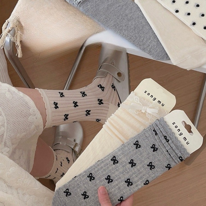 Piles Calf Stocking - JK, Lolita, สไตล์บัลเล่ต์, หวาน - Summer Wear Matching Accessories - Bowknot Middle Tube Socks - Translucent, Ultra-thin, Vertical Strip