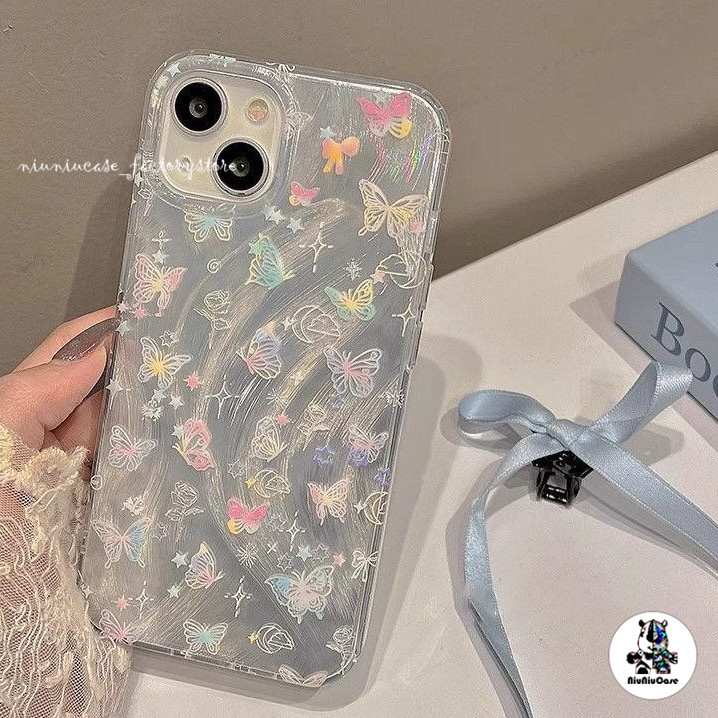 For iPhone 11 เคส Silver Feather Holographic Laser Case ผีเสื้อ TPU For iPhone 12 13 14 15 Pro max X XR XS MAX 7 Plus