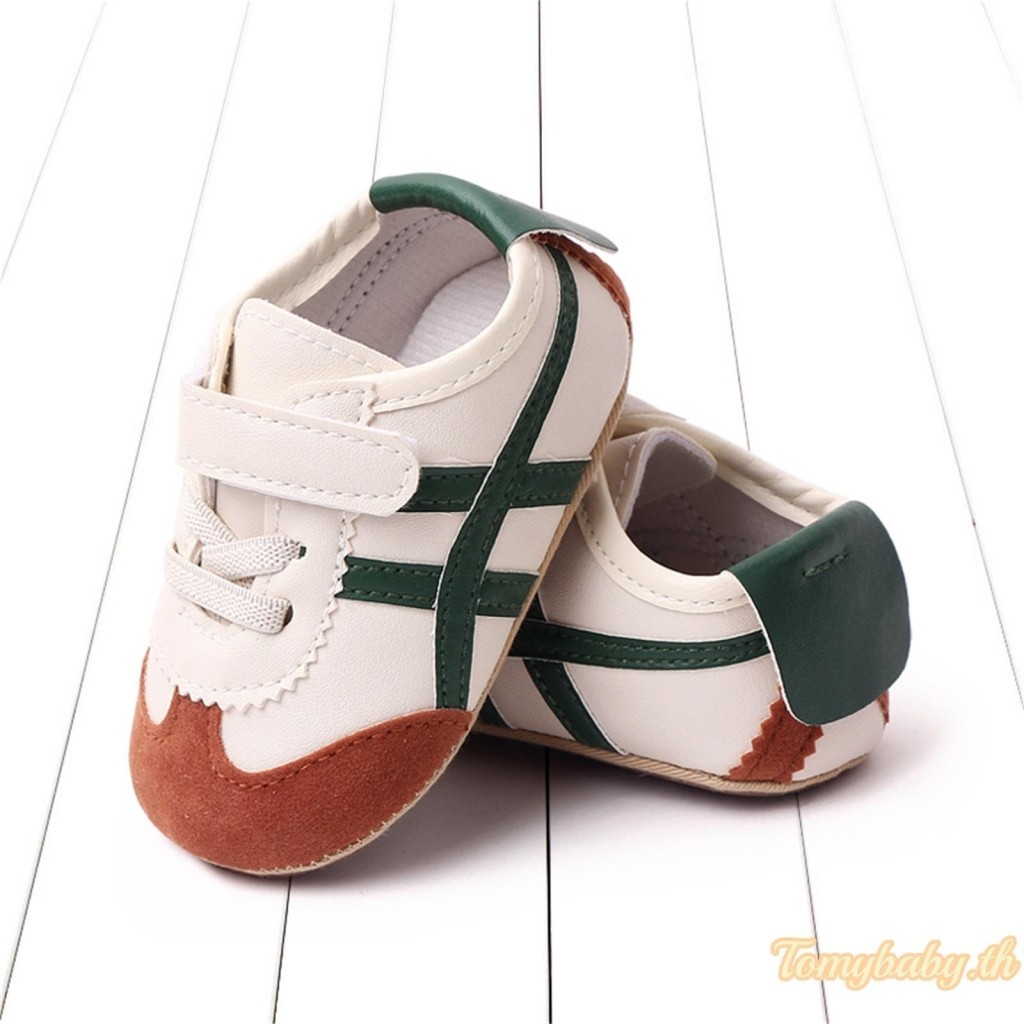 Tomybaby-baby รองเท ้ าผ ้ าใบ Contrast สีลาย PU หนัง Anti-Slip Sole Prewalker First Walker รองเท ้ าสําหรับชายหญิง