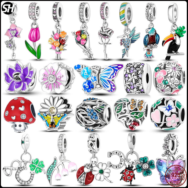 S925 เงินสเตอร์ลิงชุดฤดูใบไม้ผลิ Charm ลูกปัดดอกไม้ Daisy Clover พริมโรสนกผีเสื้อ Dangle Fit charms สร้อยข้อมือลูกปัด DIY เครื่องประดับ