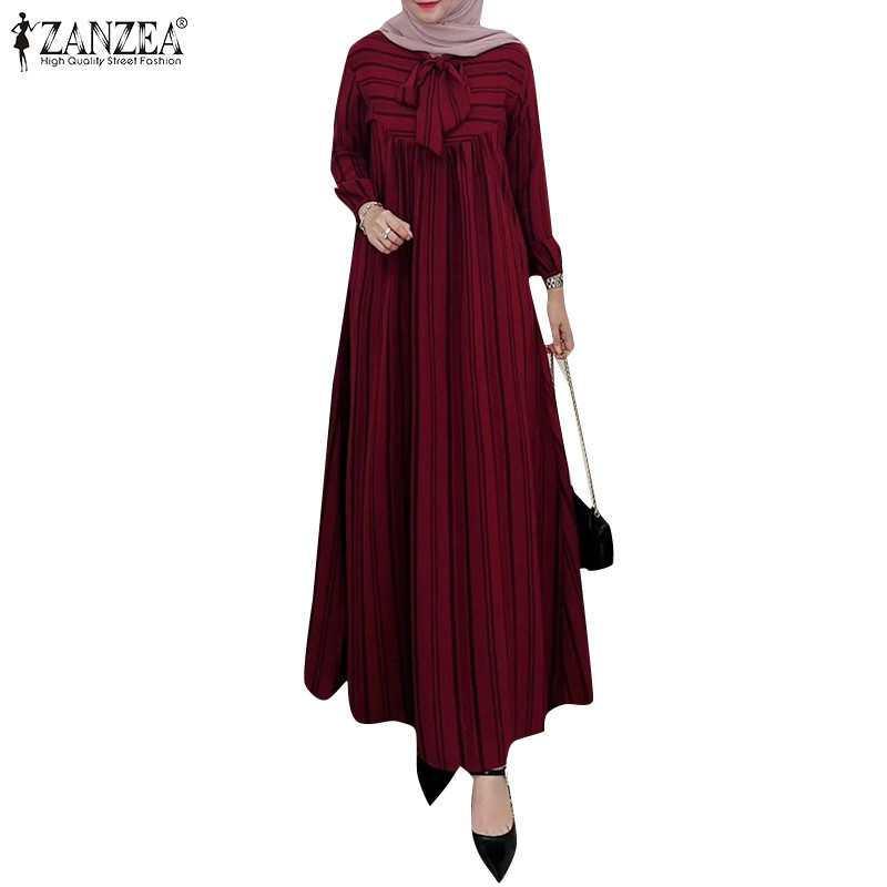 Zanzea ผู ้ หญิงมุสลิมลูกเรือคอหลวม Lace-Up Pleats ชุดเดรสลายไม ่ สม ่ ําเสมอ