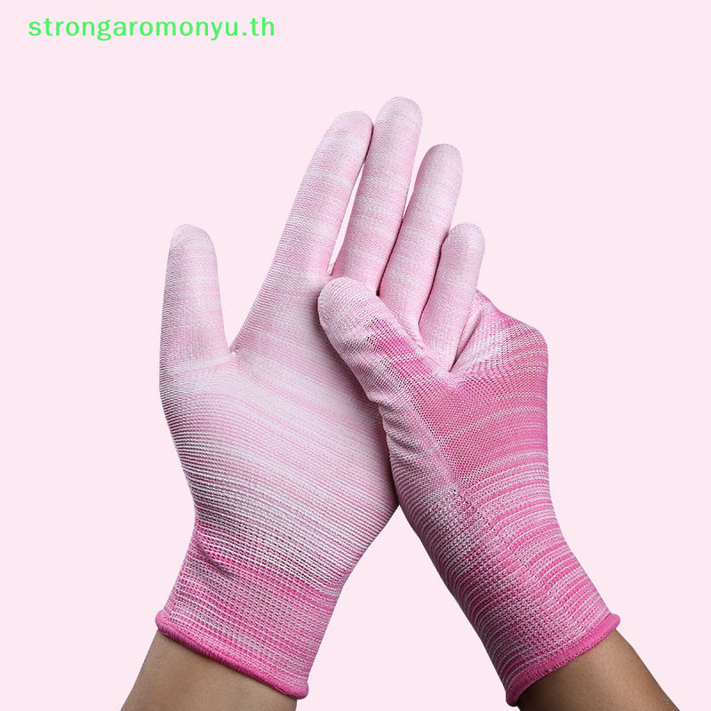 Strongarmonyu 6 คู ่ ถุงมือทําสวนที ่ มีสีสันสําหรับผู ้ หญิงและผู ้ ชายเคลือบนิ ้ วถุงมือ PU ไนลอนถุงมือสวนกลางแจ ้ งถุงมือทํางานป ้ องกัน TH