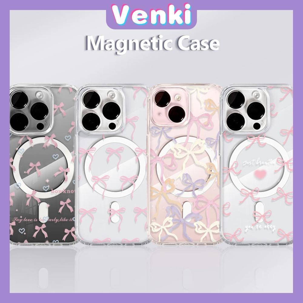 VENKI - สำหรับ iPhone 15 PRO MAX เคส iPhone 11 เสริมสร้างแม่เหล็กอะคริลิคใสกระดานแข็ง TPU กรอบนุ่มกันกระแทก โบว์สีชมพู iPhone 14 13 Pro max 12 Pro Max 11 XR XS 7 8Plus max XS XR