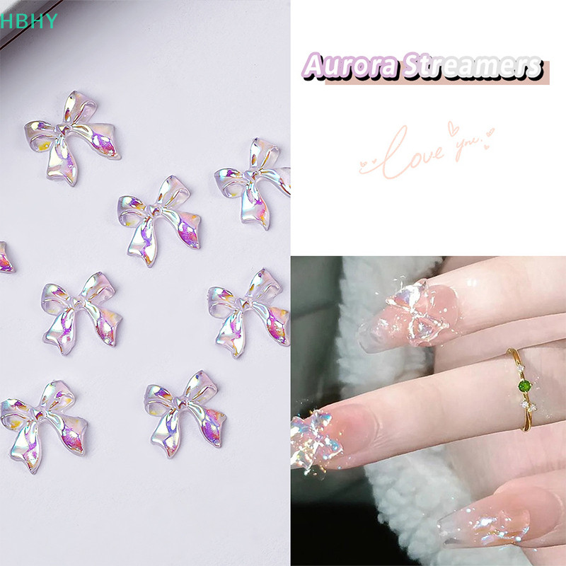 HB 50pcs Auroras Bowknot 3D ตกแต่งเล็บเรซิ่นเล็บ Ch Jelly สี Glitter เล็บริบบิ้น Bows ผีเสื้อ DIY เล็บ Salon HY