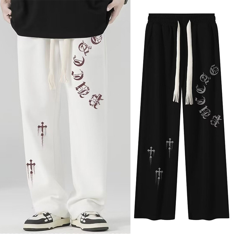 สีขาวอเมริกัน Street สไตล ์ วินเทจหลวมขาตรงพิมพ ์ Sweatpants สีดําแนวโน ้ มขากว ้ างกางเกงกีฬาสําหรับผู ้ ชาย