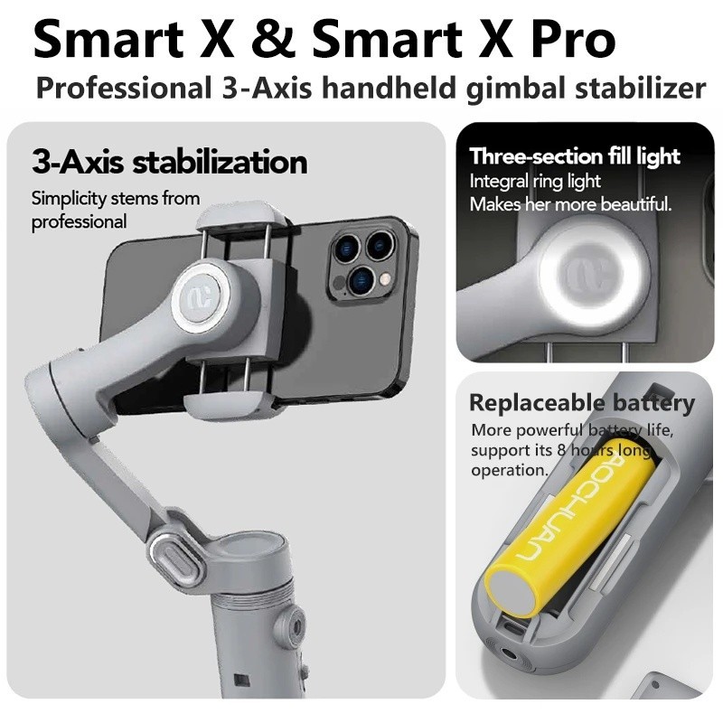 Aochuan Smart X Pro 3 แกนมือถือแบบพับได ้ Gimbal Anti Shake Vlog สดสตรีมมิ ่ งโทรศัพท ์ มือถือ Pan Tilt stabilizer