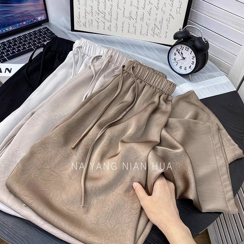 amber pants ใหม่สไตล์จีนผ้าซาตินขายร้อนผู้หญิงฤดูใบไม้ผลิฤดูร้อนจีบเอวสูงกางเกงขากว้างเดรปซี่ ถูพื้น ผอมลง ดู ผ้าแจ็คการ์ด ชั้น