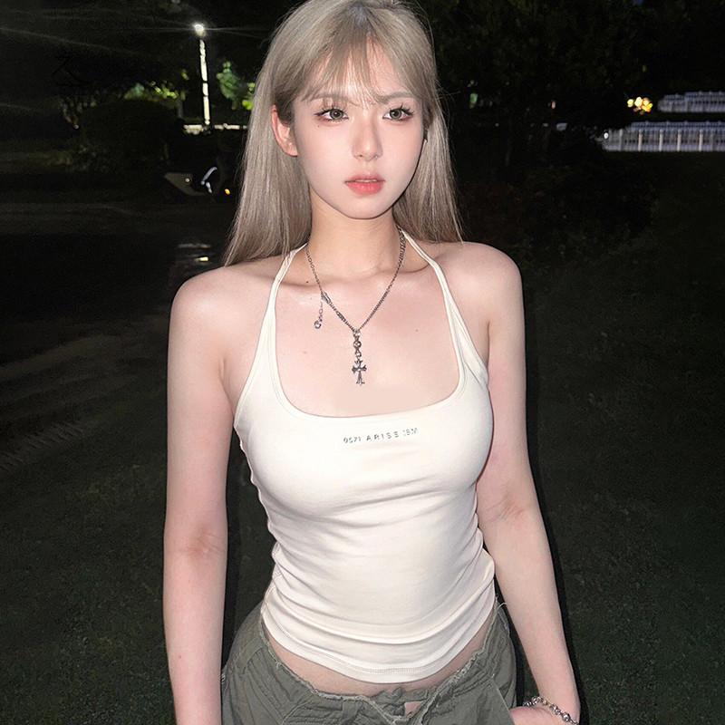 [HSSL] American Retro Letter พิมพ์ Camisole แฟชั่นเซ็กซี่แขนกุด Slim Crop Top MCL7717