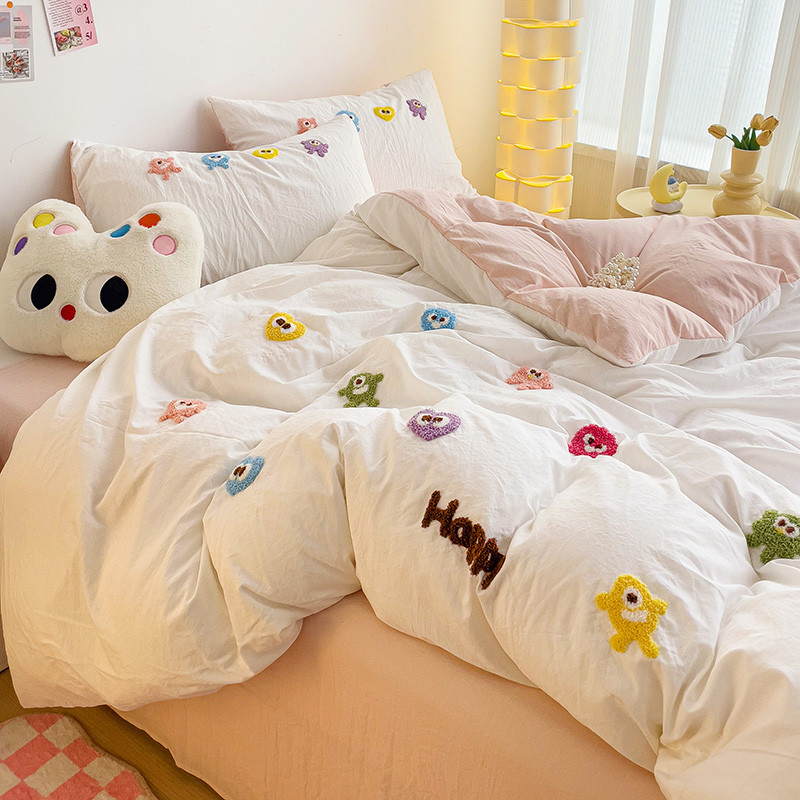 Ultra Soft Wash Cloud Cotton Little Monsters ผ้าขนหนูเย็บปักถักร้อยแบนและติดตั้งชุดเครื่องนอน 3 in 1 และ 4 in 1 Cadar เดี่ยว/queen/king ขนาดผ้าปูที่นอนผ้านวม