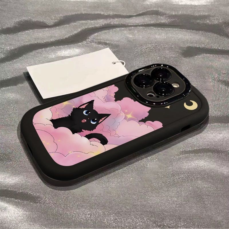 Fun Pink Cloud Black Cat เคสโทรศัพท์กันกระแทกเข้ากันได้กับ iPhone11promax/12promax/13pro/14plus/15pr