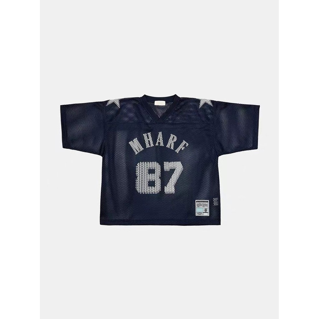 สีกรมท่า 87 เสื้อตาข่ายขนาดใหญ่ American Street Retro พิมพ์ Jersey เสื้อยืดแขนสั้นผู้ชายผู้หญิงฤดูร้อน