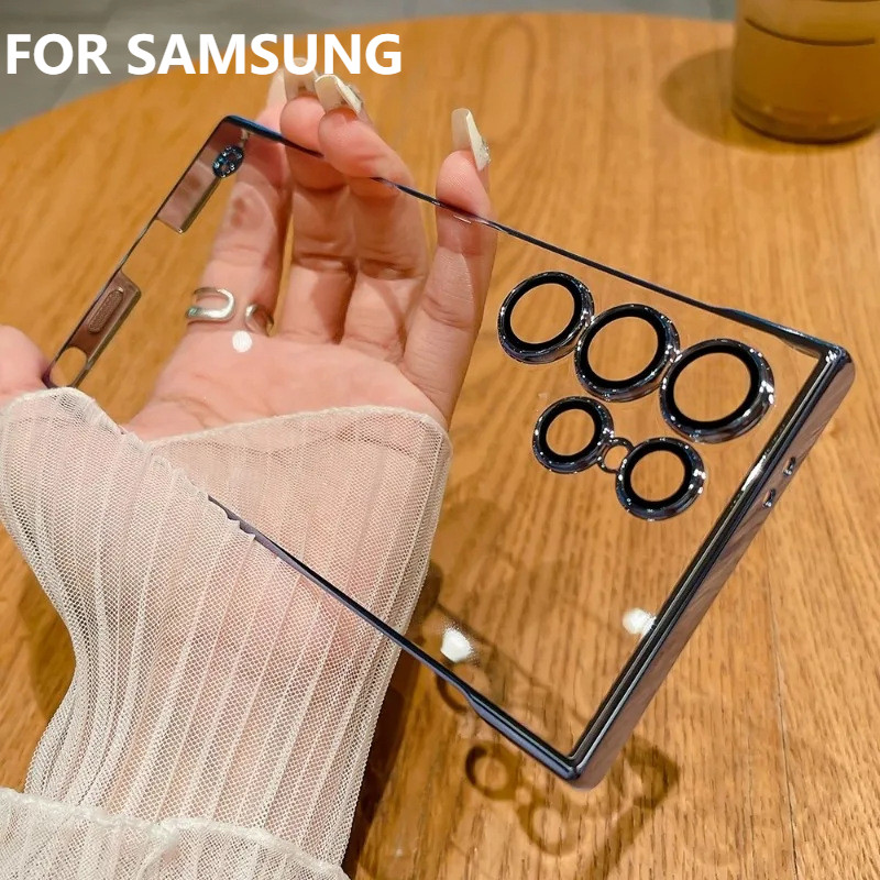 สําหรับ Samsung S24 S23 Plus โทรศัพท์มือถือกรณีไฟฟ้าโปร่งใสสําหรับ S23Ultra Bezel-free Hard Case PC 