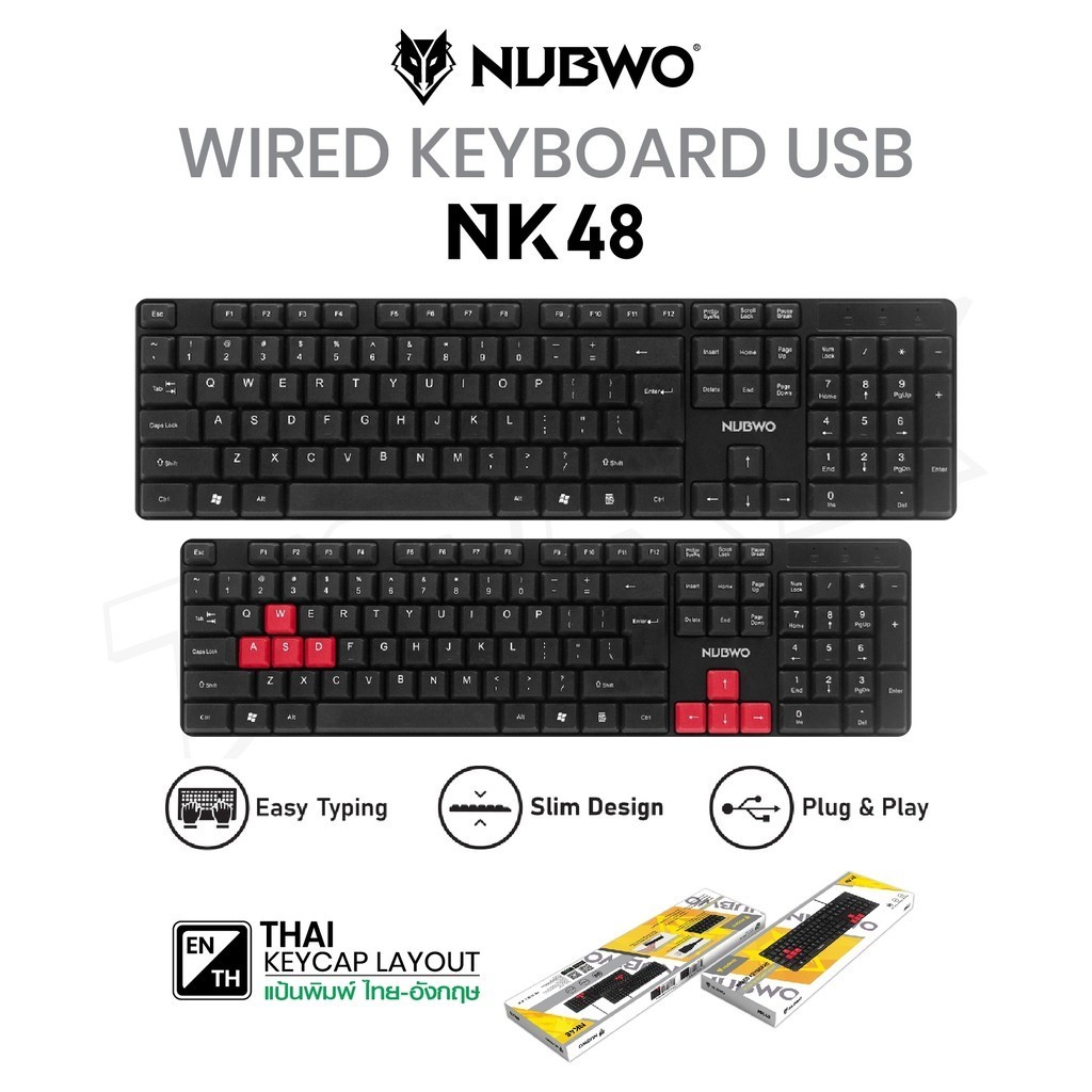 NUBWO NK-48 คีย์บอร์ด มีสาย ภาษาไทย+อังกฤษ Keyboard USB เหมาะสำหรับทำงาน หรือเล่นเกม ปุ่มชัด สีชัด