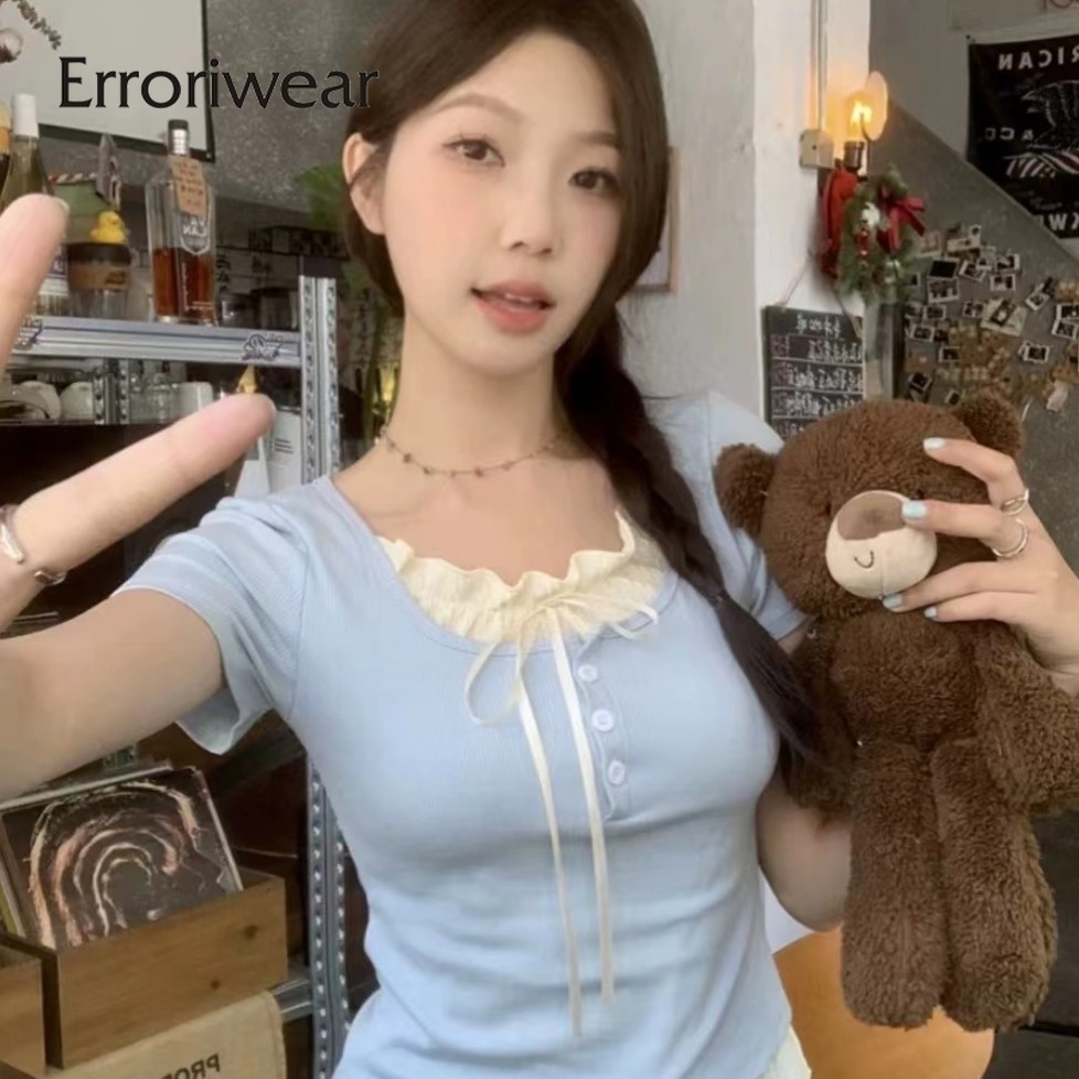 Errokiwear ผู้หญิงเสื้อยืดแฟชั่น Contrast สีรอบคอ Causal Slim Fit แขนสั้น Top
