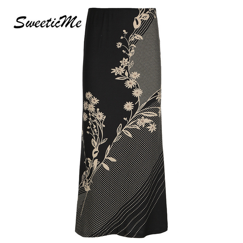 Sweeticme ผู้หญิง 2024 ใหม่แฟชั่น Retro พิมพ์ต่ําเอว Slim Fit All Match กระโปรงยาว