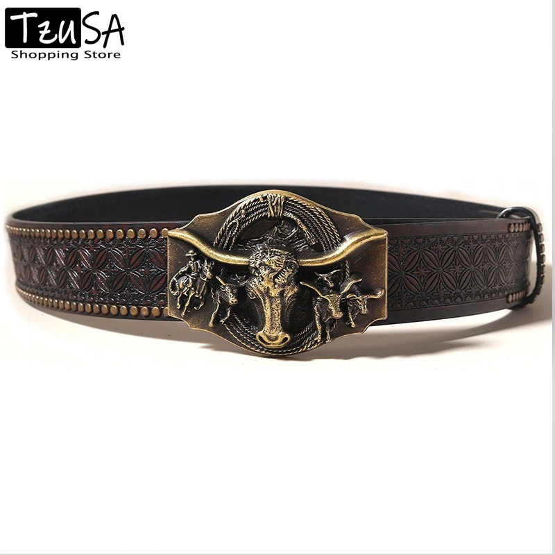 สไตล์คาวบอยอเมริกัน เข็มขัดหนังผู้ชาย หัวเข็มขัดรูปหัวกระทิงสไตล์ย้อนยุค ตกแต่งด้วยหมุดประดับลูกปัด