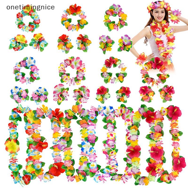 Onetimingnice 4 ชิ้น/เซ็ตดอกไม้ฮาวาย Leis Garland สร้อยคอพวงหรีดกลีบแถบคาดศีรษะสร้อยข้อมือ Beach Par